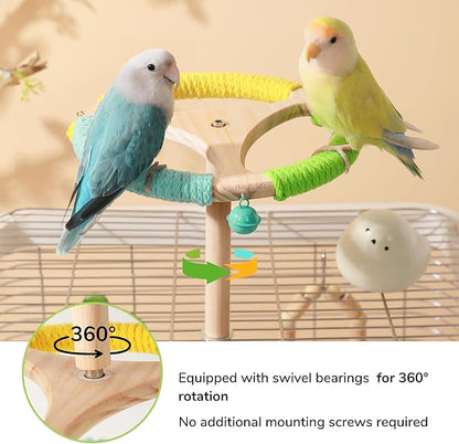 360° Interactive Rotating Bird Perch Toy with Bell - Natural Wood Spinning Cage Accessory for Parakeets, Budgies, Lovebirds, Cockatiels, Conures, Finches and Small/Medium Birds