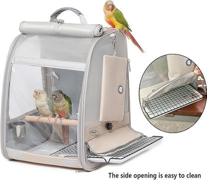 Bird Carrier Backpack, Portable Travel Bird Cage with Standing Perch, 2 Feeder Cups, Iron Mesh Stand & Removable Tray Lightweight, Breathable Mesh Window for Parrot Carrier，Easy Clean (Cream)