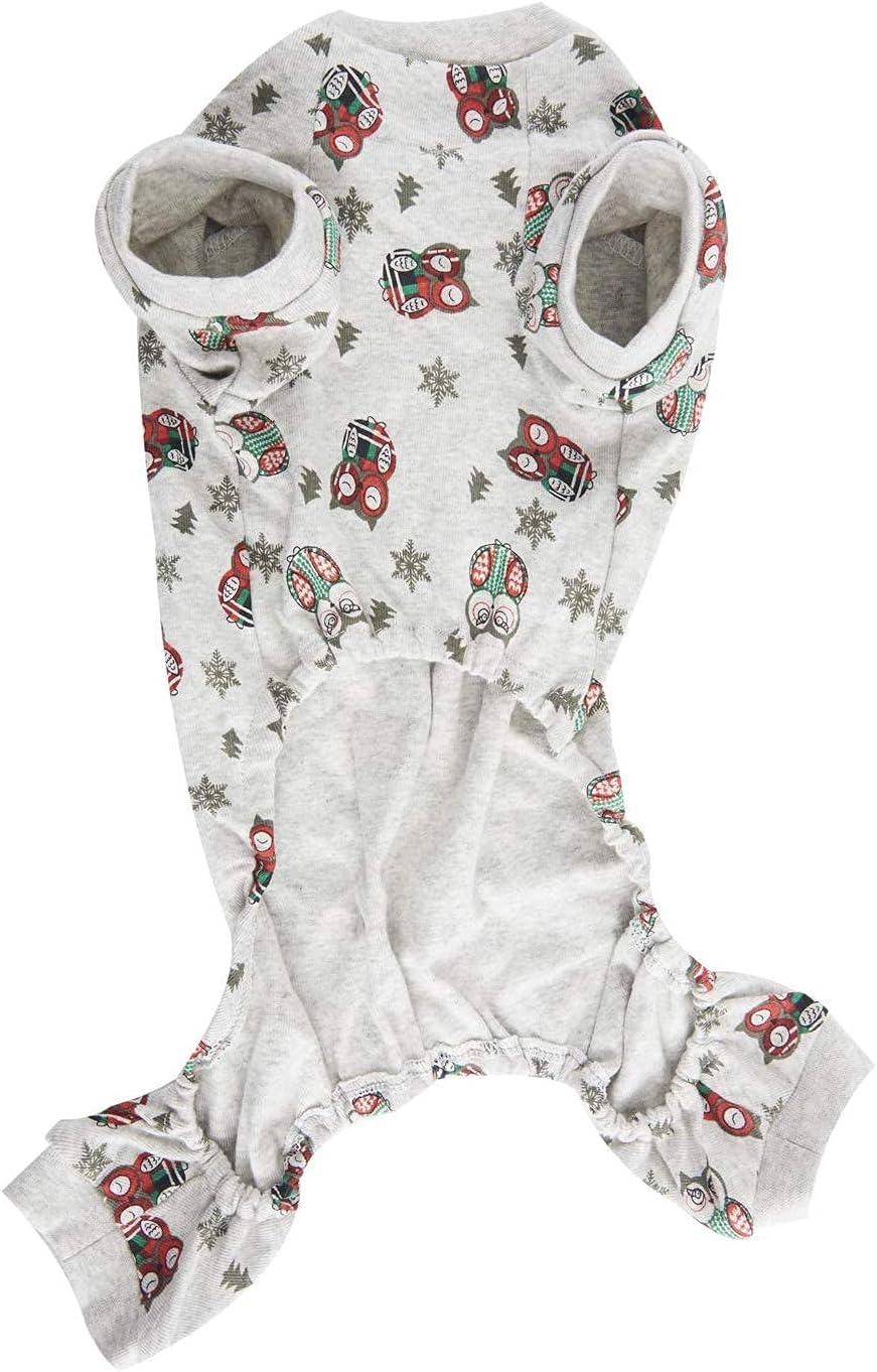 Lanyarco Cute Owl Christmas Tree Xmas Cotton Pet Dog Pajamas Jumpshit for Medium Dogs, Large Grey Back Length 20"
