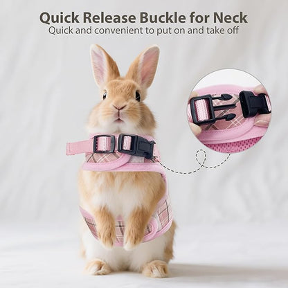 AIITLE Bunny Harness and Leash Set Escape Proof - Magic Tape Design, Lightweight Plaid Pattern Mesh Padding, No Choke No Pull for Puppy Cat Rat Squirrel Ferret, Outdoor Walking Running, Pink S