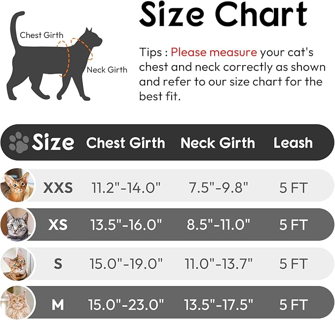 Dooradar Cat Harness and Leash Set, Escape Proof Safe Adjustable Kitten Vest Harnesses for Walking, Easy Control Soft Breathable Mesh Jacket with Reflective Strips for Cats, Black, M