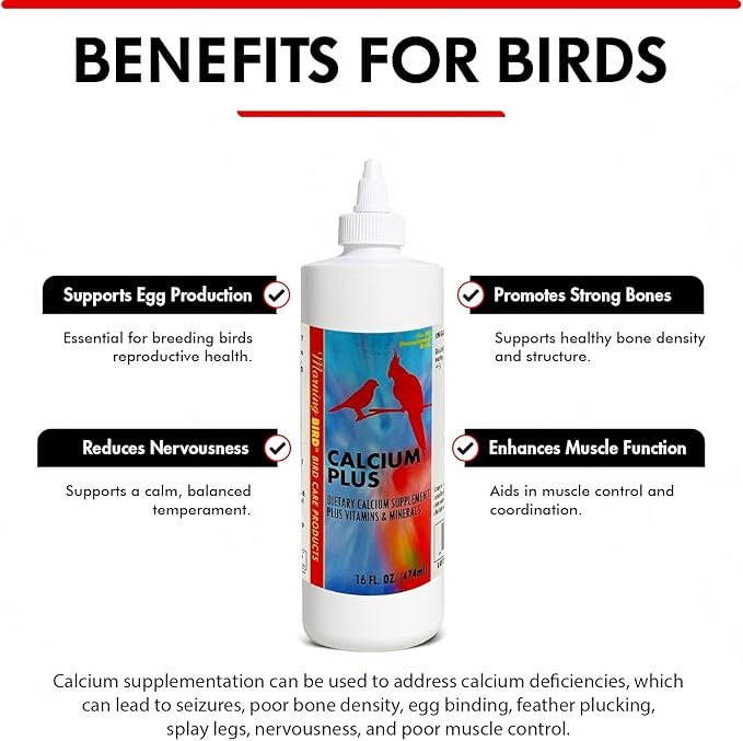 Morning Bird Calcium Plus Liquid for Birds – Bird Vitamins for Strong Eggshells, Healthy Bones, and Baby Bird to Support Growth, Breeding, and Wellness for All Birds 16 Fl Oz