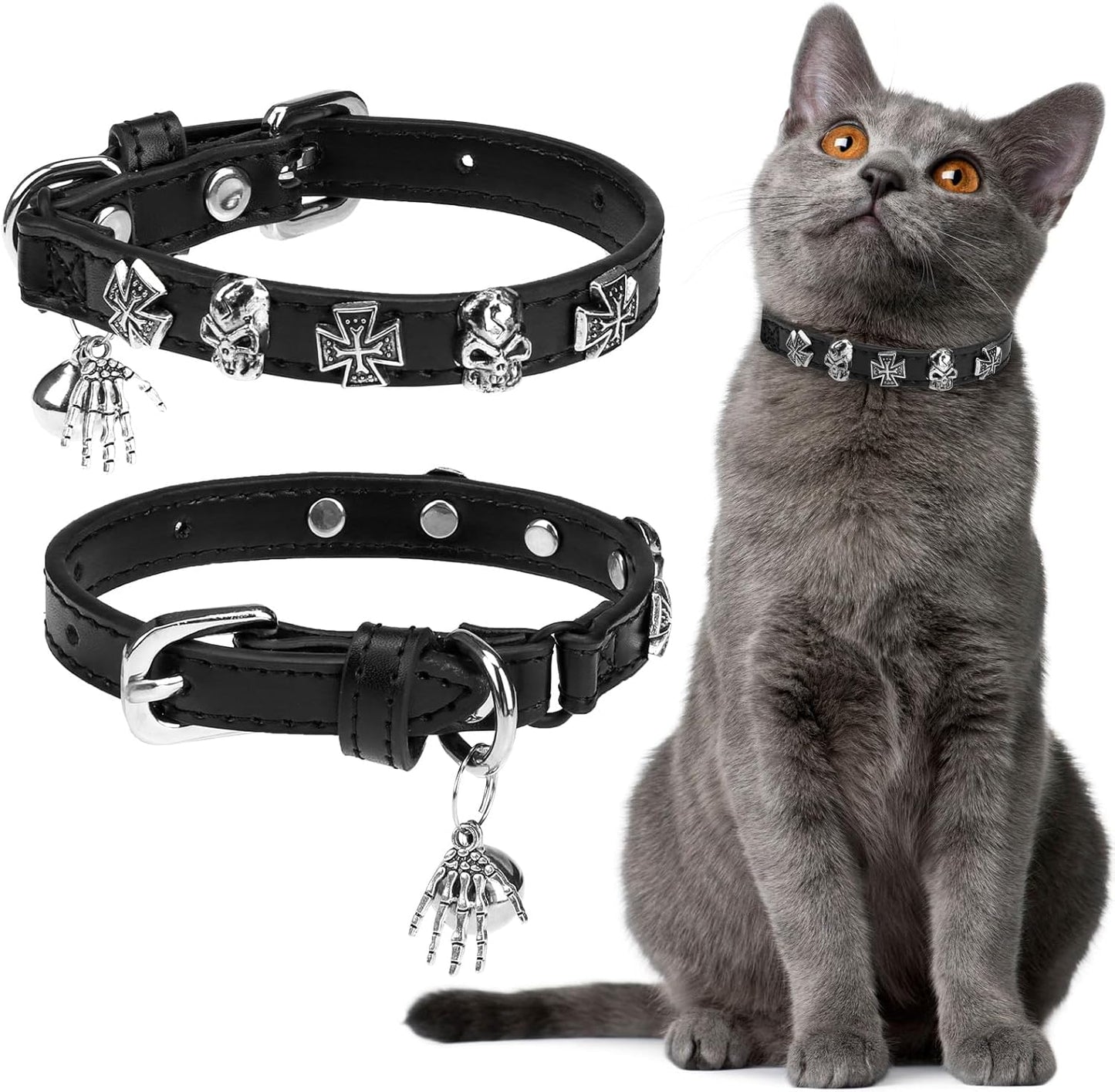 EXPAWLORER Leather Cat Collar for Girl Boy- Adjustable Pet Collar with Safety Elastic Belt,Personalized Punk Accessories Buckle Collars with Bell & Durable D-Ring, Skull(Black)