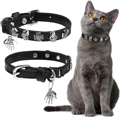 EXPAWLORER Leather Cat Collar for Girl Boy- Adjustable Pet Collar with Safety Elastic Belt,Personalized Punk Accessories Buckle Collars with Bell & Durable D-Ring, Skull(Black)
