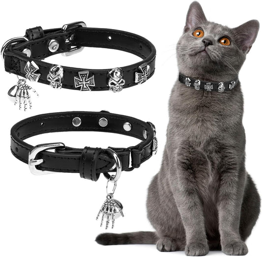 EXPAWLORER Leather Cat Collar for Girl Boy- Adjustable Pet Collar with Safety Elastic Belt,Personalized Punk Accessories Buckle Collars with Bell & Durable D-Ring, Skull(Black)
