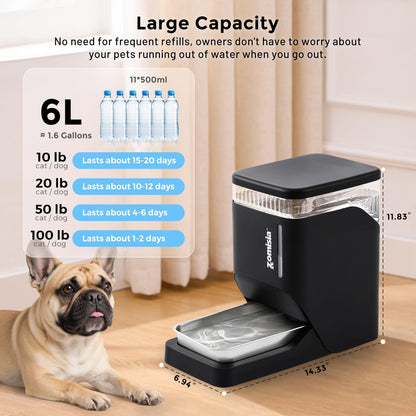 Automatic Cat and Dog Water Dispenser 6L with Stainless Steel Bowl, Gravity Water Bowl for Dogs Cats, 1.6 Gallon Pet Waterer 100% BPA Free, Black