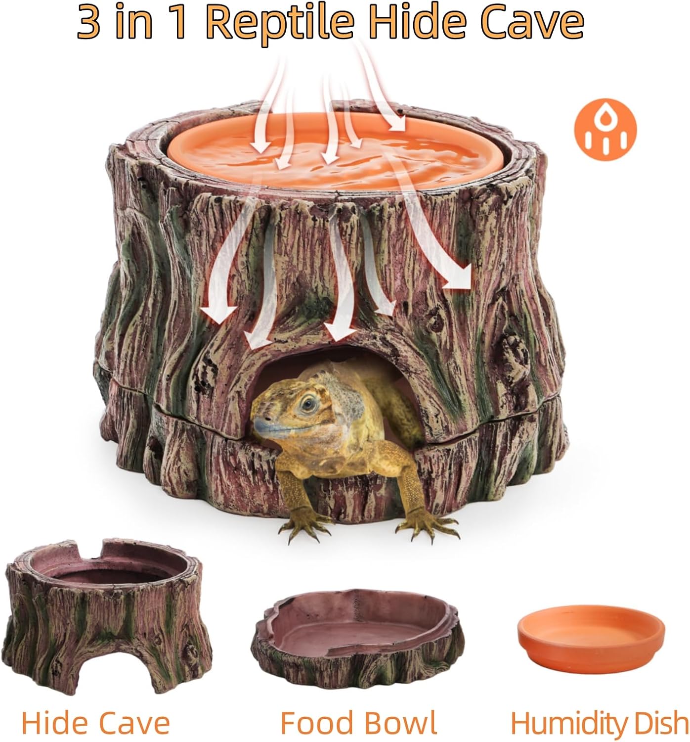 Reptile Hide Cave, Reptile Hideout with Detachable Base and Humidity Dish, 3 in 1 Lizard Snake Hiding Place Tank Terrarium Decor for Gecko, Crabs, Amphibian, Turtle