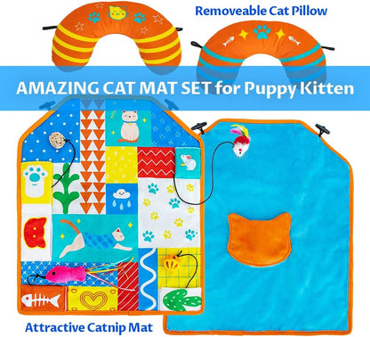 2-in-1 Cat Mat with Pillow for Small Medium Large Cats,Cute Cat Catnip Toys,Soft Plush Crinkle Toys for Kitten Sleeping Snuffing Playing,Machine Washable Pet Cushion Pad Mat Cat Gifts