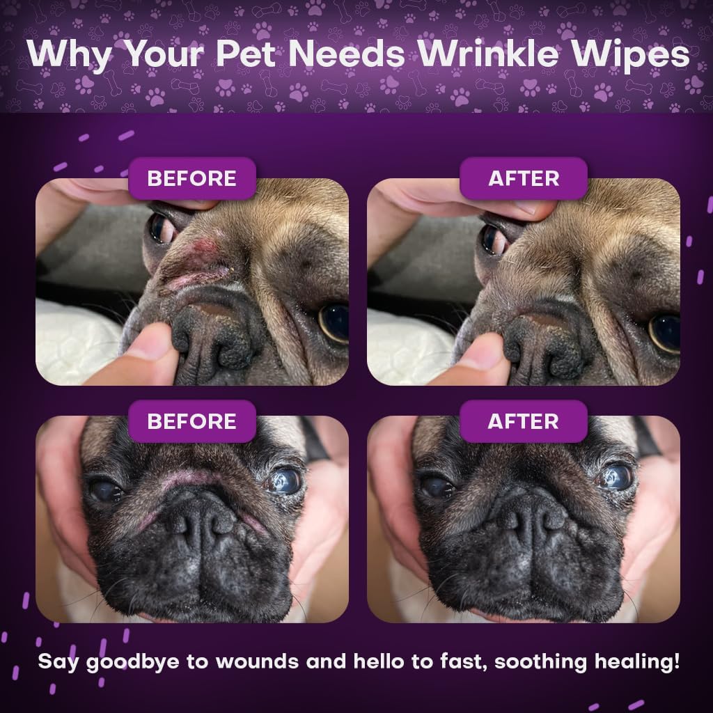 Wrinkle Wipes for Dogs 50 Count 5x6 | 3X Larger Dog Face Wipes for French Bulldog and Pug - Cleans Skin Folds, Tear Stains, Tail Pockets | Anti-Itch, Soothing & Hypoallergenic with Coconut Oil