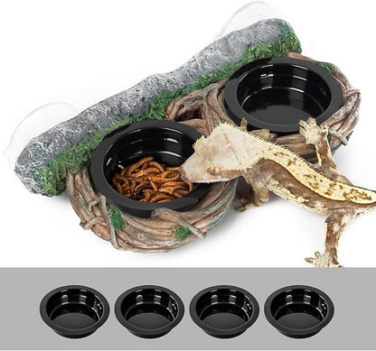REPTI ZOO Dual Gecko Feeder Ledge, Reptile Hollow Vine Food Feeding for Bearded Dragon Lizard Snake Turtle, Reptile Water Feeding with 4 PCS Bowl, Reptile Dish Terrarium Tank Decor Accessories