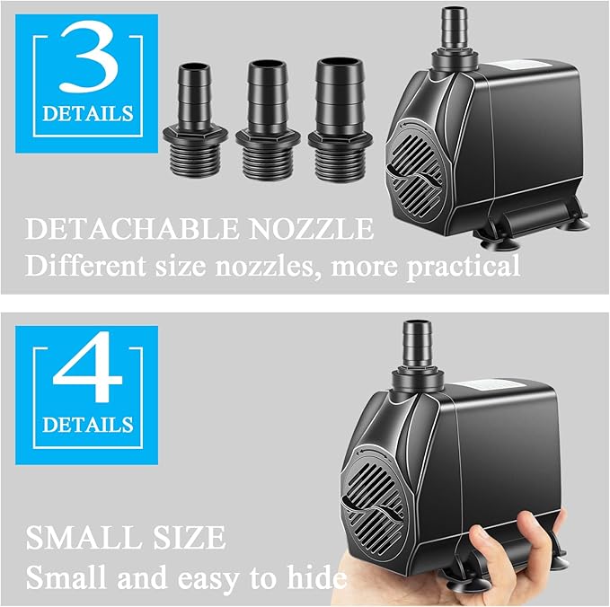 Submersible Pump, Small Fountain Pump with Tubing, Submersible Water Pump for Aquarium Fish Tank Indoor or Outdoor Pond Fountain Hydroponics Statuary (80W 1700GPH, No Led Light)