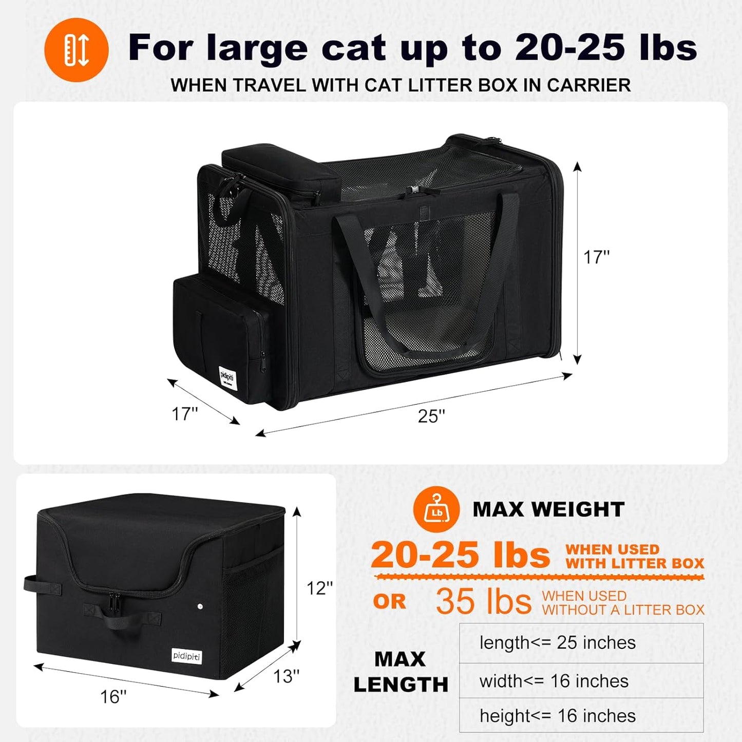 25''(L) x 17''(W) x 17''(H) Extra Large Expandable cat Carrier for car Travel,Soft Crate for 1 Large / 2 Medium Cats up to 35 lbs,Long Road Trip cage with a Leakproof Portable Litter Box