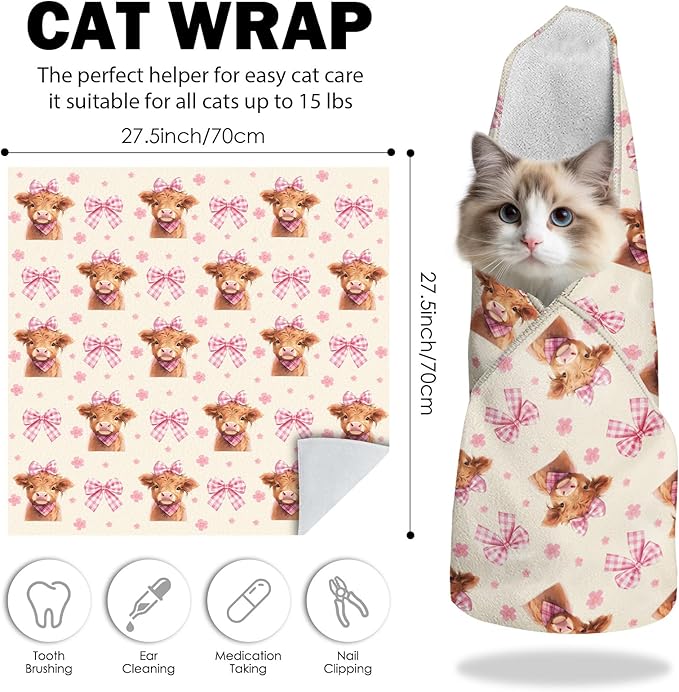 27.6" Cat Grooming Wrap, Self Adhesive Cat Wrap for Cutting Nail, Anti-Escape Calming Cat Swaddle Wrap for Medicine Ear Cleaning, Cow Anti-Scratch Cats Burrito Restraint Blanket, Pet Tool (6-10 lbs)
