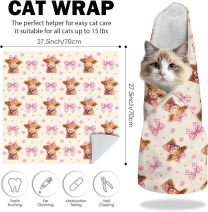 27.6" Cat Grooming Wrap, Self Adhesive Cat Wrap for Cutting Nail, Anti-Escape Calming Cat Swaddle Wrap for Medicine Ear Cleaning, Cow Anti-Scratch Cats Burrito Restraint Blanket, Pet Tool (6-10 lbs)