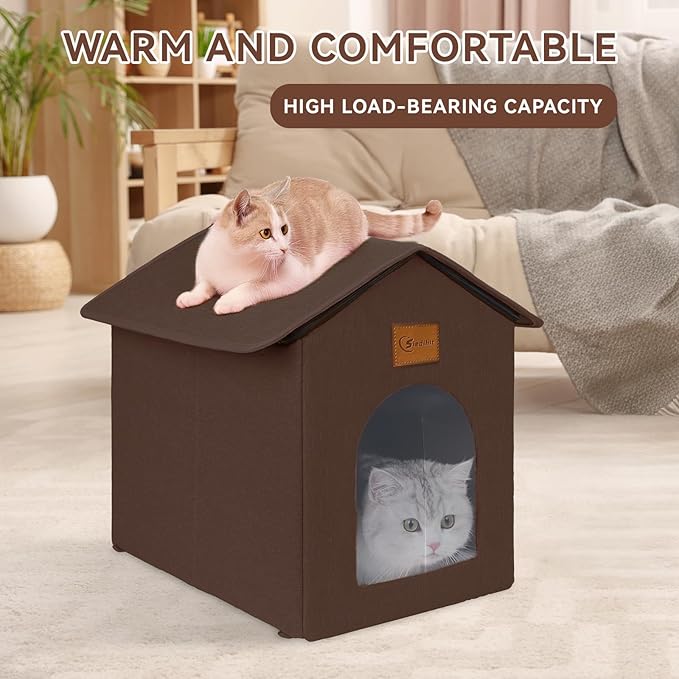 Outdoor Cat House for Shelter Feral Cat, Outside Waterproof Cat House for Outdoor/Indoor Cats, Insulated Cat Bed for All Seasons with Cozy Cushion (Brown, Zip Style)
