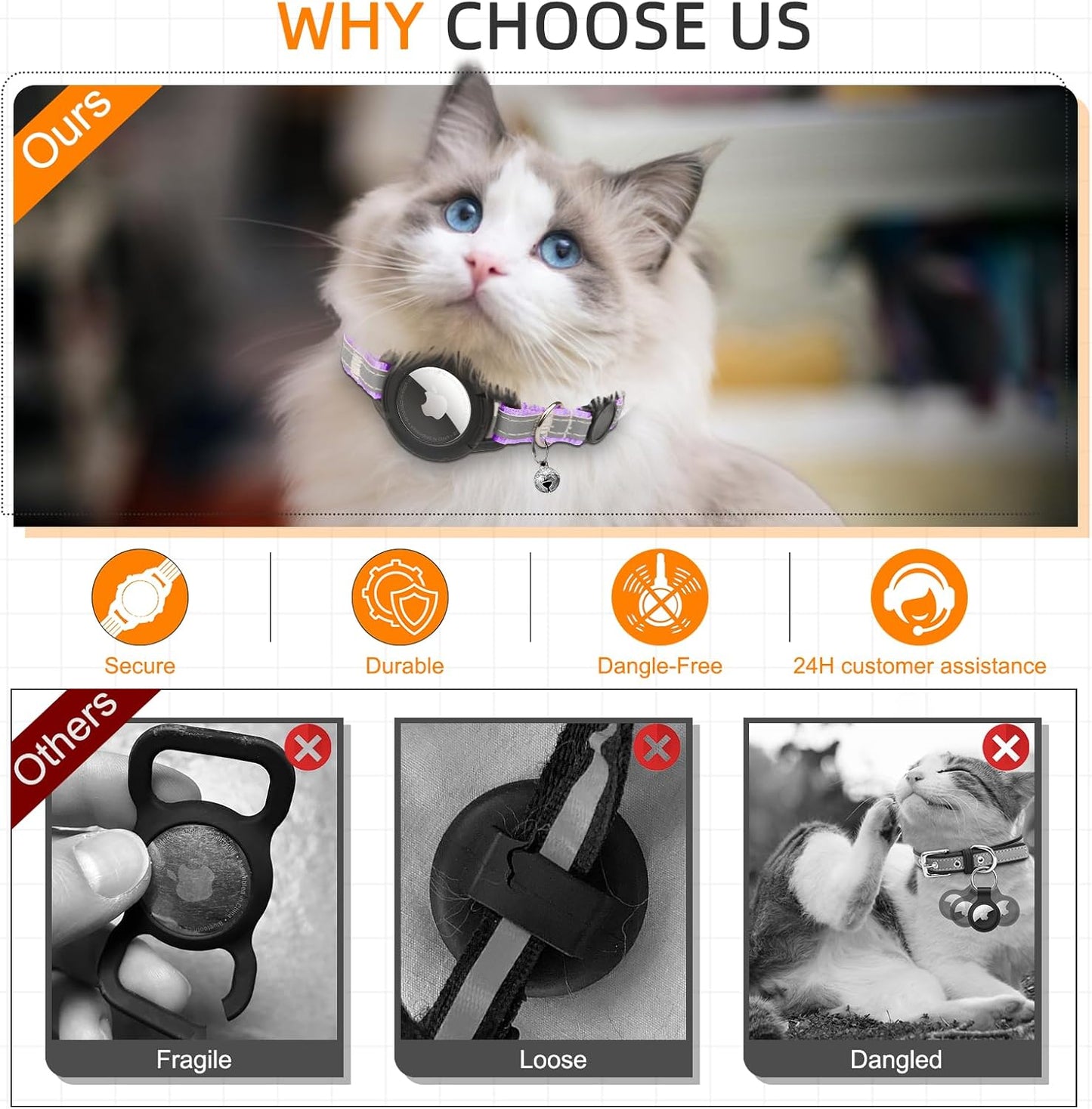 Airtag Cat Collar Breakaway, Odokele Reflective Cats Collars with Apple Air Tag Holder for Kitten, Cat GPS Tracker Adjustable Collars with Safety Quick Release Buckle for Kitties and Puppies - Purple