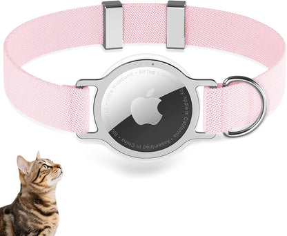 Elastic Airtag Cat Collar, Compatible with Apple AirTag, Stepless Adjustable Pet Collar for Cats, Pink