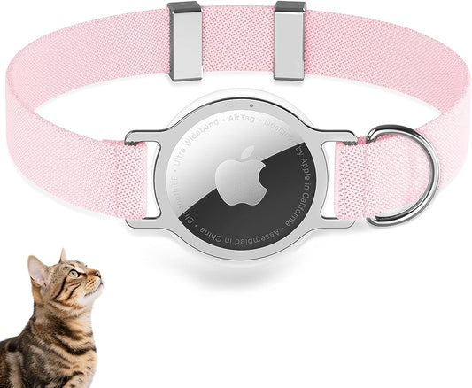 Elastic Airtag Cat Collar, Compatible with Apple AirTag, Stepless Adjustable Pet Collar for Cats, Pink