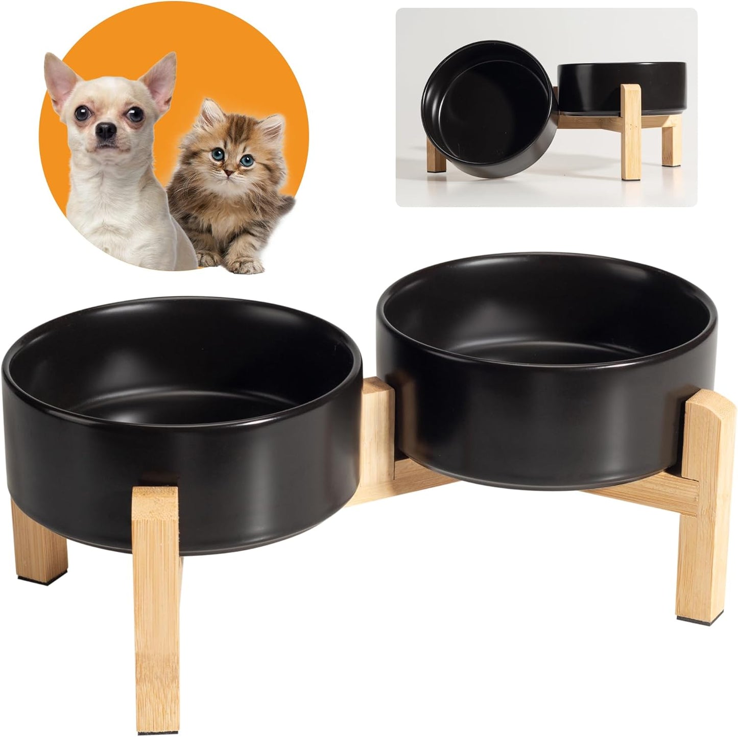 Elevated Ceramic Dog Bowl Set - Raised Feeding Bowls with Non-Slip Bamboo Stand - Small Pet Dishes for Food and Water - Ideal for Cats and Puppies - 16.23 OZ - 2 Cups - 480 ML