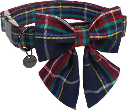 DOGWONG Christmas Dog Collar with Sailor Bow tie, Red Blue Plaid Dog Collar Soft Durable Adjustable Cotton Blue Tartan Gingham Puppy Collar for Small Medium Large Dog