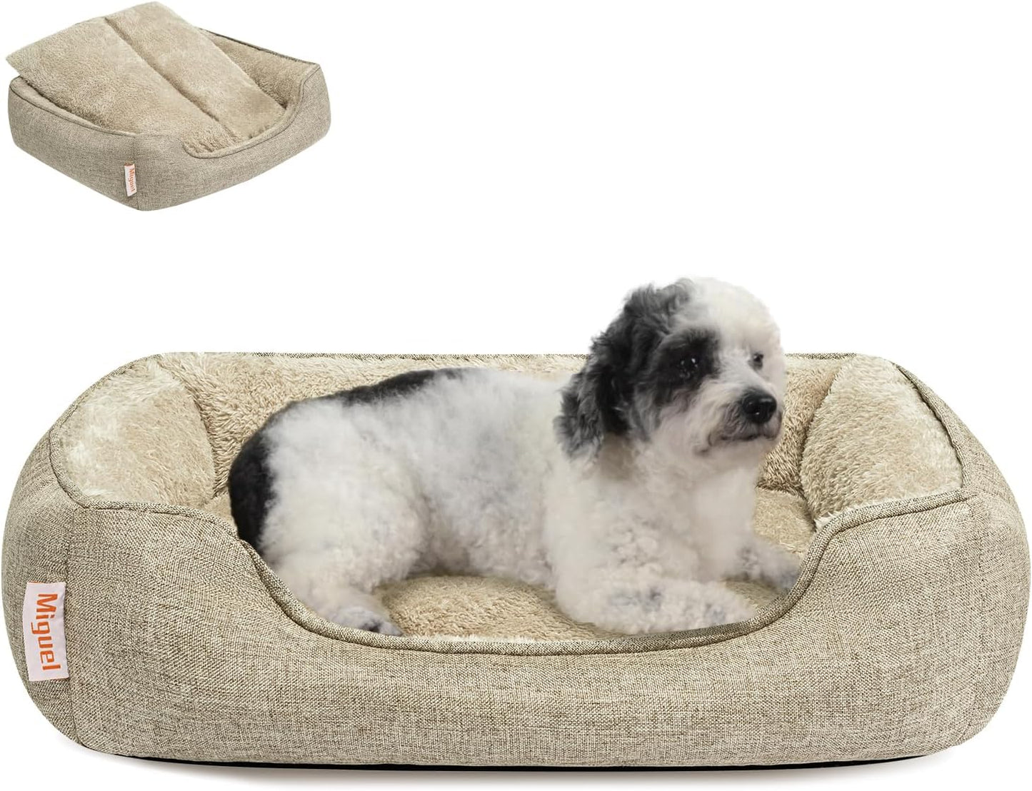 Miguel Faux Linen Dog Bed with Removable Cushion Pillow for Medium Small Dogs, Washable Pet Bed with Side Easy to Wash Puppy Bed, Rectangle Cat Bed for Indoor Cat with Anti-Slip Bottom, Beige 25 Inch