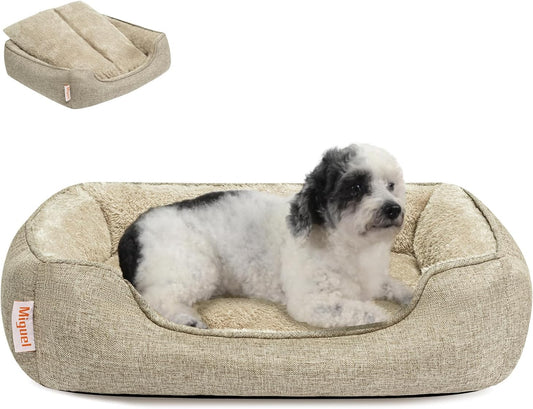 Miguel Faux Linen Dog Bed with Removable Cushion Pillow for Medium Small Dogs, Washable Pet Bed with Side Easy to Wash Puppy Bed, Rectangle Cat Bed for Indoor Cat with Anti-Slip Bottom, Beige 25 Inch