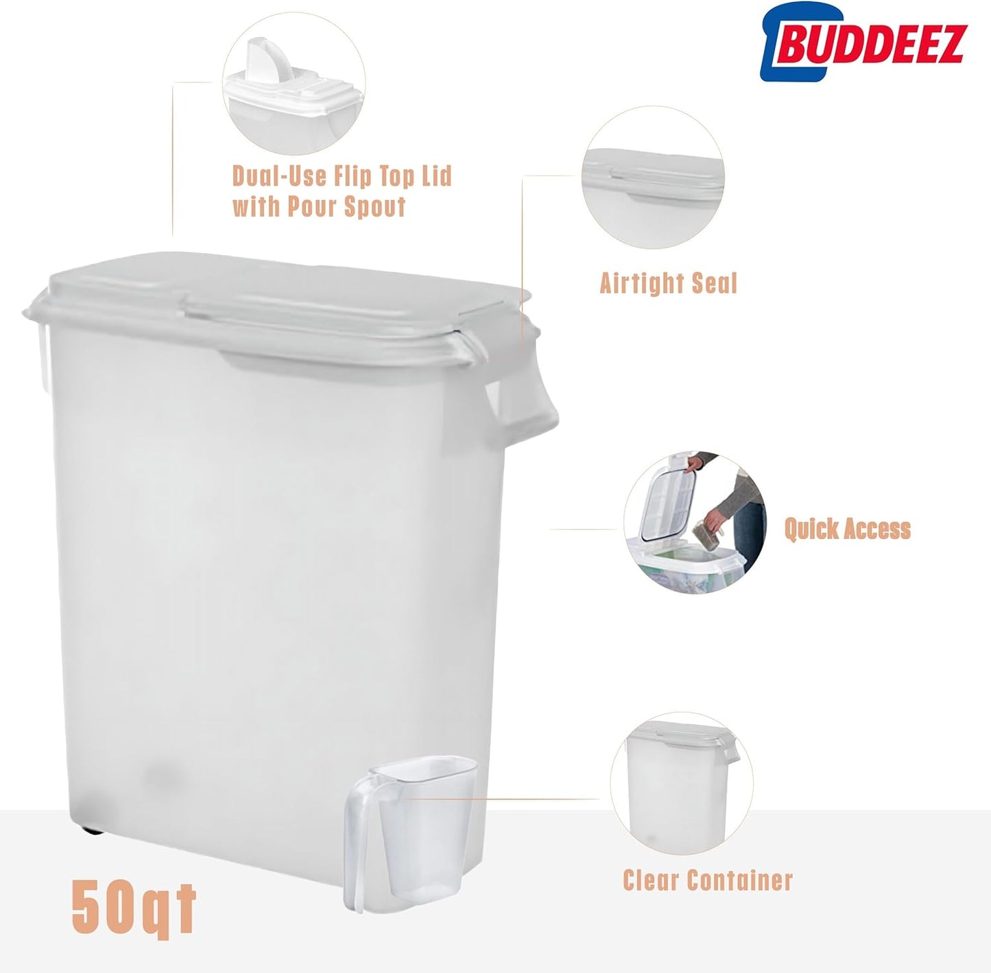Buddeez Airtight Pet Food Storage Container - 50 QT/50 LB Capacity Dog Food Storage Container, Cat Food Container, Bird Seed Storage Container, Rolling Storage Bin, Air Tight with Handle & Scoop