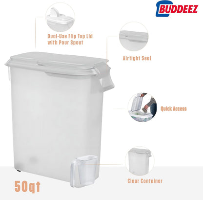 Buddeez Airtight Pet Food Storage Container - 50 QT/50 LB Capacity Dog Food Storage Container, Cat Food Container, Bird Seed Storage Container, Rolling Storage Bin, Air Tight with Handle & Scoop