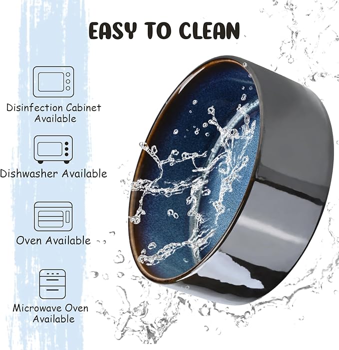 SPUNKYJUNKY 15° Slanted Ceramic Dog and Cat Bowl with Wooden Stand, Tilted Bulldog Food and Water Bowl No Slip Non-Spill for Cats Medium Dogs Big Face Pets 13.5 OZ (1.7 Cups, Starry Blue × 2)