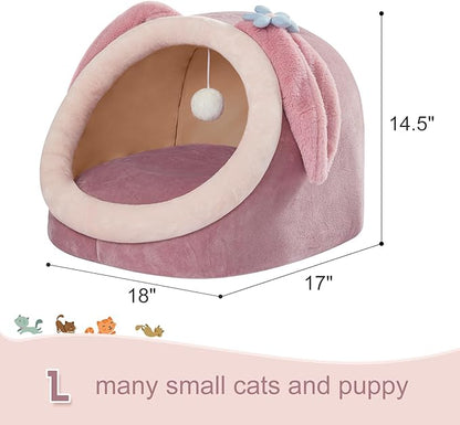Jiupety Cute Cat Bed for Indoor Cats, Warm Soft Cave Fit for Many Cats and Puppy, Pink Rabbit, L