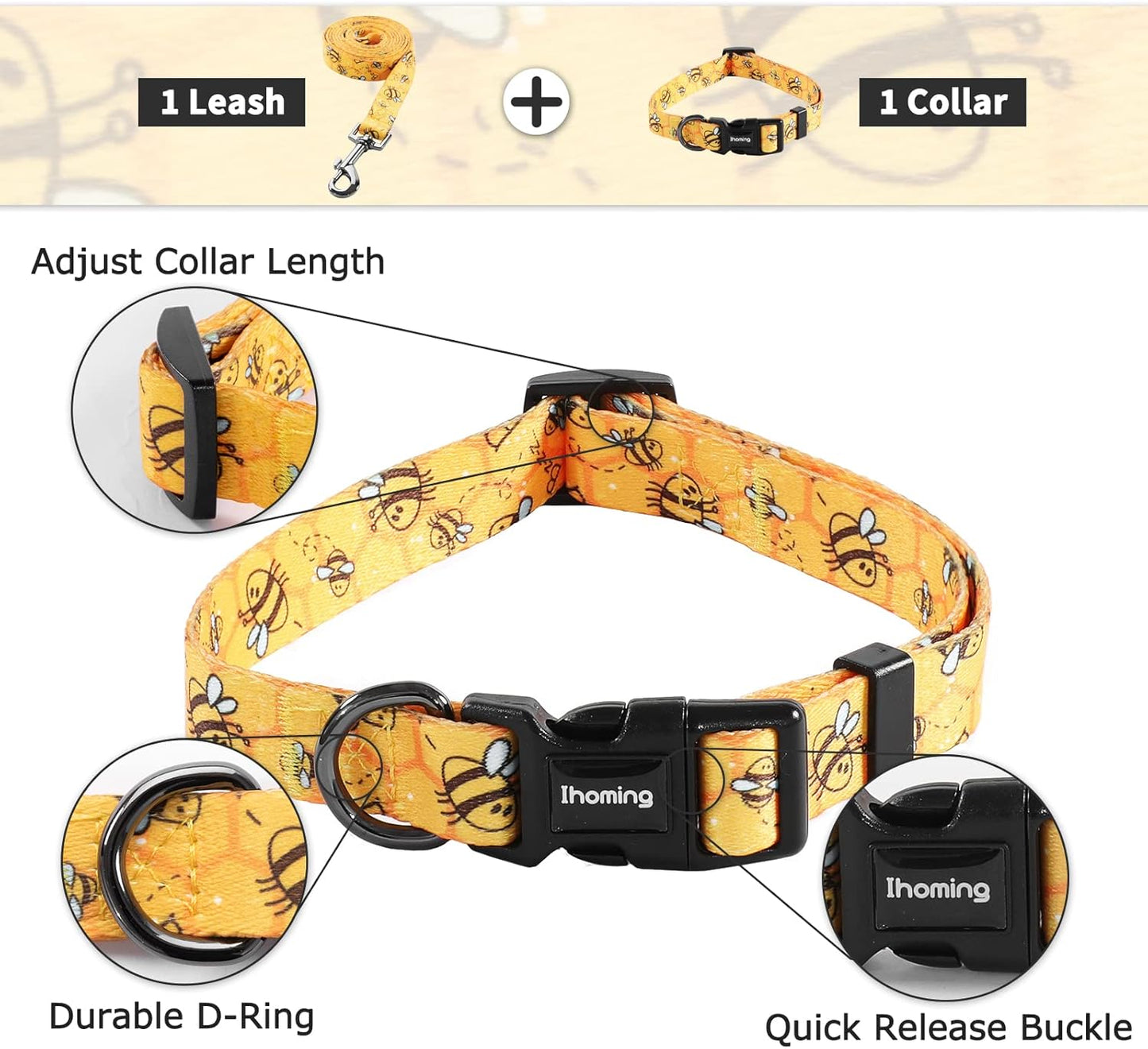 Ihoming Puppy Collar and Leash Set for Daily Outdoor Walking Running Training, Bee Design for Extra Small Boys Girls Dogs Cats Pets, XS-Up to 10LBS