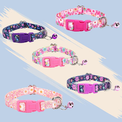 Cute Puppy Collar with Bell-Nylon Dog Collar for Small Breeds, Adjustable XXS XS Tiny Pet Little Dogs Girl Kitten Female Small Animal, for Puppies Purple Flowers X-Small