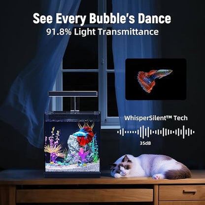 Betta Fish Tank, 2 Gallon All-in-One Aquarium Kit with Filtration & LED Light, Self-Cleaning Aquarium for Beginners, Kids, Desktop Bowl for Home, Office, or Kids Room