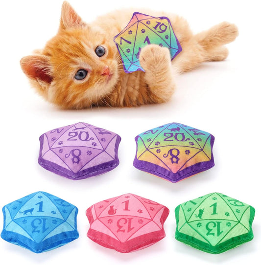 CiyvoLyeen D20 Dice Catnip Toy, DND Interactive Cat Toy Gifts for Role Playing Tabletop Game Soft Plush Funny Cute Kitten Teething Chew Pet Supplies Cat Lover Witchy Gift Idea Dnd Accessories Set of 5