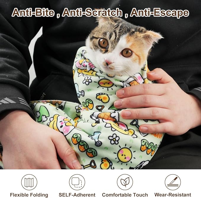 35.5" Extra Large Cat Grooming Wrap – Anti-Escape Cat Wrap for Cutting Nails, Brushing & Medication – Soft, Comfortable, Reusable, Self-Adhering, Holds Cats Up to 22lbs (Cow Corn)
