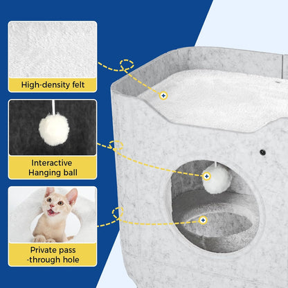Cat House for Indoor Cats Large Cat Bed Cave 2-Storey Cats Condo with Cozy Felt Covered Hideaway for Multiple Pets Light Gray
