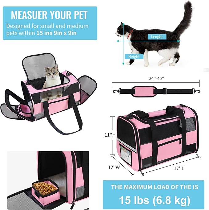 Cat Carrier Pet Carrier Airline Approved for Small Dogs Medium Cats Puppies 15 Lbs Dog Carrier with Reflective Strip, Collapsible Soft Sided Cat Travel Carriers - Pink