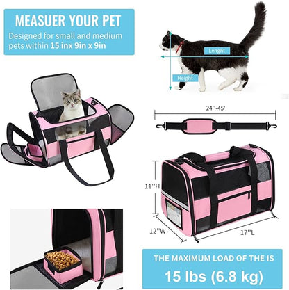 Cat Carrier Pet Carrier Airline Approved for Small Dogs Medium Cats Puppies 15 Lbs Dog Carrier with Reflective Strip, Collapsible Soft Sided Cat Travel Carriers - Pink