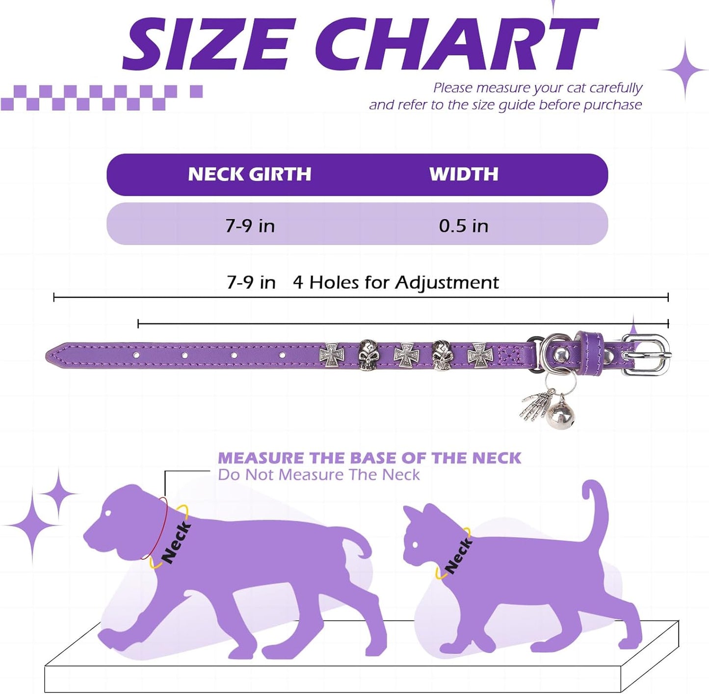 EXPAWLORER Leather Cat Collar for Girl Boy- Adjustable Pet Collar with Safety Elastic Belt,Personalized Punk Accessories Buckle Collars with Bell & Durable D-Ring, Skull(Purple)