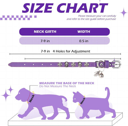 EXPAWLORER Leather Cat Collar for Girl Boy- Adjustable Pet Collar with Safety Elastic Belt,Personalized Punk Accessories Buckle Collars with Bell & Durable D-Ring, Skull(Purple)
