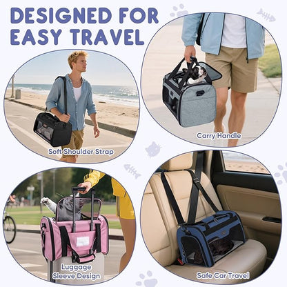 BALEINE Cat Carrier, Puppy Dog Carrier for Small Medium Pets Up to 15 Lbs, Soft-Sided Dog Travel Bag with Safety Zippers, Collapsible Pet Carrying Case (Pink, L, 17"x11"x11")