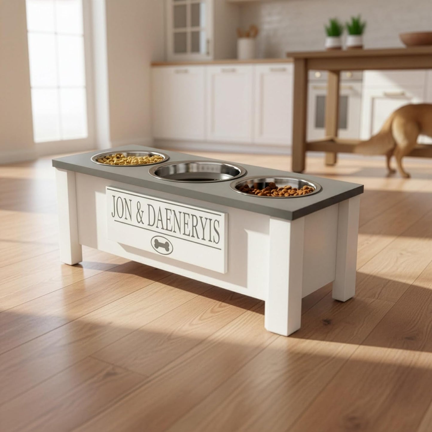 GrooveThis Woodshop - Personalized Elevated Dog Bowl Stand for Large, Medium, Small, X-Small Dogs - Stainless Steel Food and Water Bowls - Raised Dog Dish with Internal Storage (Medium, Grey)