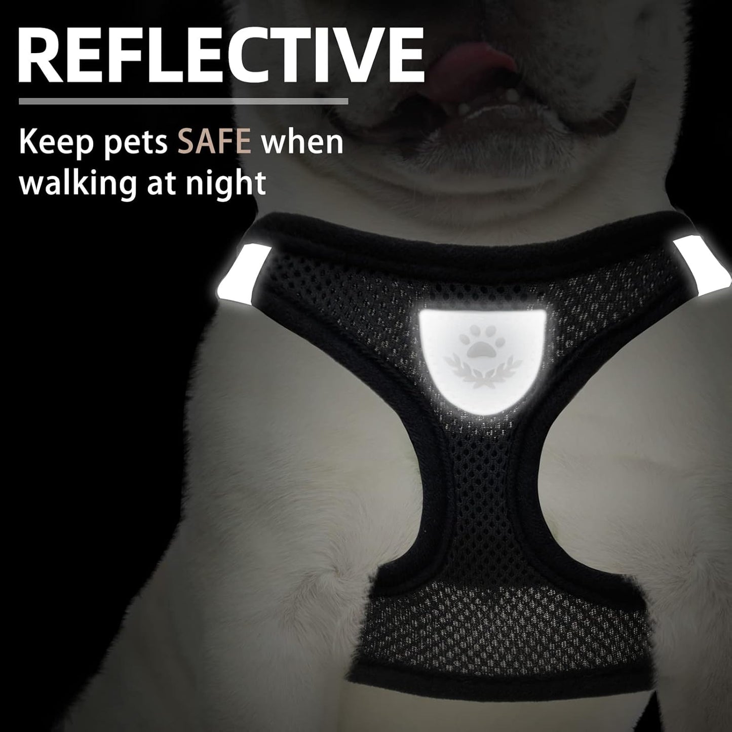 PUPTECK Adjustable Dog Harness Collar and Leash Set Step in No Pull Pet Harness for Small Medium Dogs Puppy and Cats Outdoor Walking Running, Soft Mesh Padded Reflective Vest Harnesses, Solid Black M