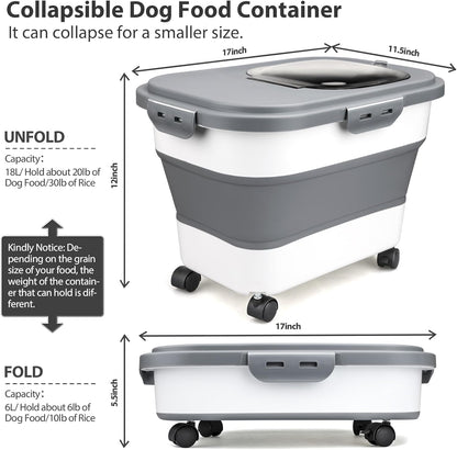 Dog Food Storage Container, 5-20Lbs Collapsible Pet Food Storage Containers with Rolling Wheel Airtight Locking Lid, Dry Food Storage Bin with Cup and Scoop,Suitable for Pet Food, Rice, Flour