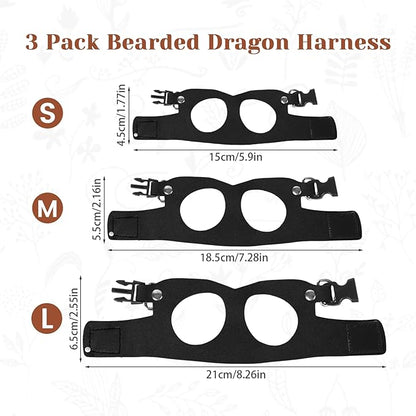 3Pack Bearded Dragon Leash and Harness Set, Bearded Dragon Accessories Clothes Stuff, Adjustable Easy Walk Rat Harness with 6.56 ft, Vest Accessories for Reptile Squirrel Rat Walking (3 Size, Black)