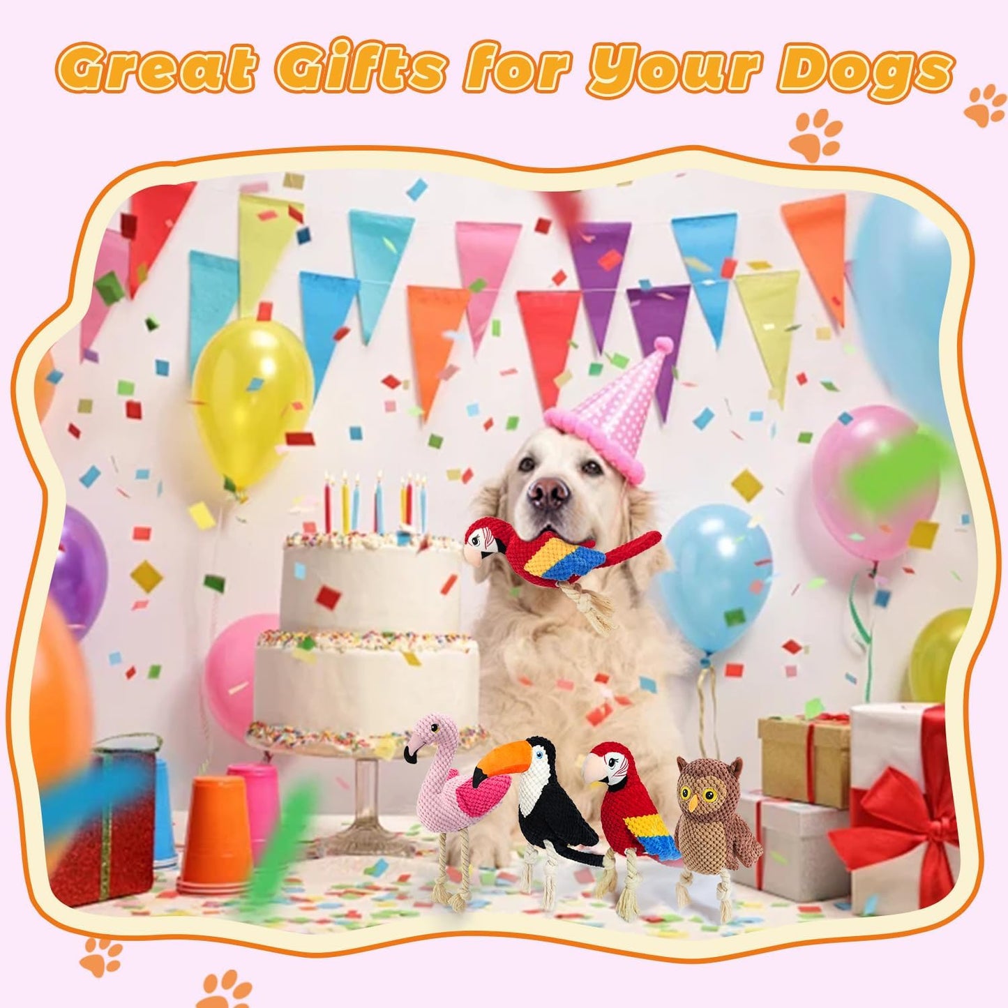 4-Pack Squeaky Dog Toys for Small Medium Large Dogs Interactive Rope Plush Dog Toys Set Flamingo, Parrot, Toucan, Owl Stuffed Puppy Toys for Teething, Anxiety Relief Perfect for Aggressive Chewers