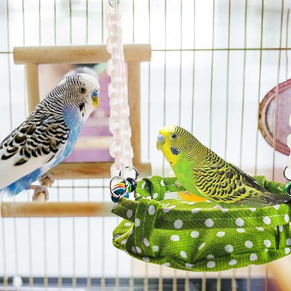 Bird Toy Climbing Hammock Nest Wooden Hanging Bird Bed for Cage Perch Stand Swing with Parrot Bell Toy for Parakeet Cockatiel Conure Cockatoo