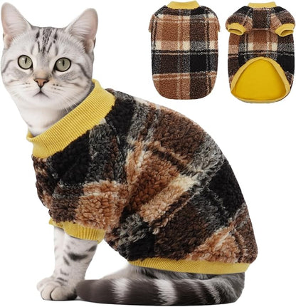 DENTRUN Cat Sweater Winter Clothes - Plush Fleece Coat with Cotton Lining, Anti-Static, Front Legs Kitten Pajamas, Stretch Ribbed Cuffs for Warmth, Cozy Christmas Outfit for Small Medium Large Cats
