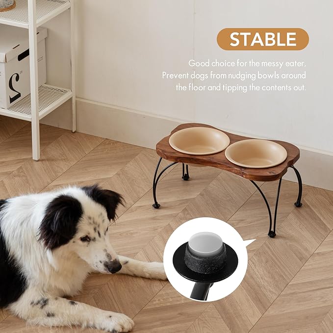 Ceramic 7.1-inch Raised Double-Bowl Set with Non-Slip Stand, Food & Water Dishes for Medium and Large Dogs, Wide Opening with Rounded Edges(Oat Beige)