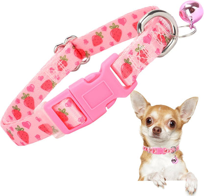 Small Dog Collar with Bell - Durable Nylon Collar for Small Breeds,Adjustable Cute Fruit Pattern Collar for Chihuahua Pomeranian Yorkie, Heavy-Duty for Active Puppies（Pink Strawberry S）